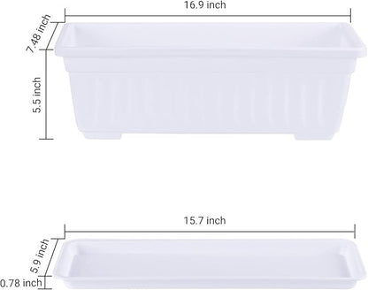 GREANER Plastic Flower Boxes Rectangle, 6 Pack Large Long Planter 16.9x7.48Inch Modern Thicken Vegetable Plant Pot with Tray for Garden, Kitchen, Houses, Offices, Balcony, Outdoor Indoor Use - White