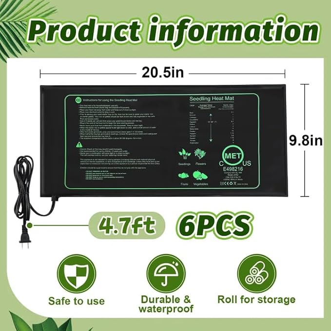 6 PCS Durable Seedling Heat Mat for Plants - 10'' x 20.5'' Bulk Seed Starting Heating Mat for Indoor Grarden Greenhouse, Waterproof Warm Hydroponic Seed Mat for Plant Germination Growth