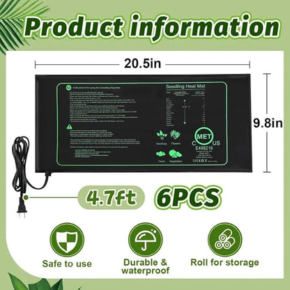6 PCS Durable Seedling Heat Mat for Plants - 10'' x 20.5'' Bulk Seed Starting Heating Mat for Indoor Grarden Greenhouse, Waterproof Warm Hydroponic Seed Mat for Plant Germination Growth