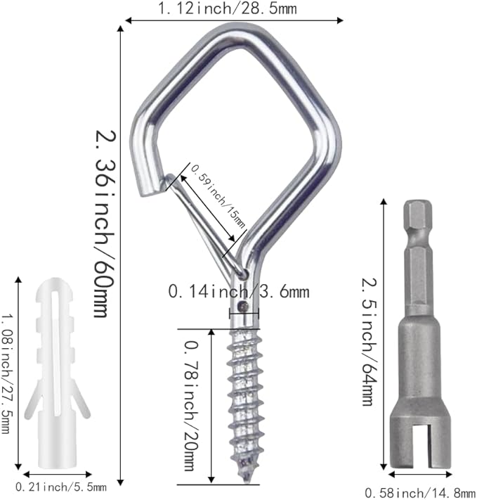 52-Pack Heavy-Duty Silver Screw Eye Hooks with Safety Clips | Metal Ceiling Hooks for Hanging Plants, Wind Chimes, Bird Feeders & Indoor/Outdoor Lights