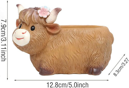 Highland Cow Succulent Planter with Drainage Hole & Plug, Mini Resin Cow Flower Pot for Indoor Outdoor Plants, Cute Animal Planter for Home & Garden Decor (B)