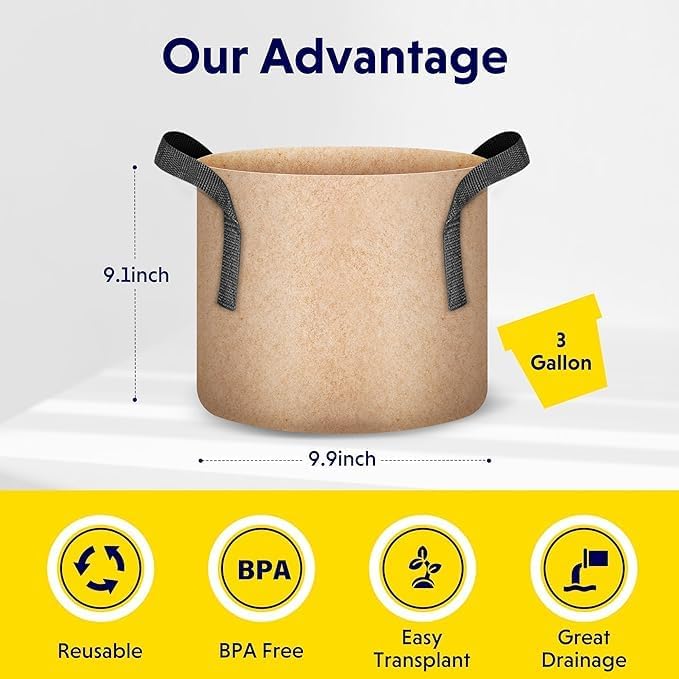 iPower 3 Gallon Grow Bags Nonwoven Fabric Pots Aeration Container with Strap Handles for Garden and Planting, 10-Pack Tan