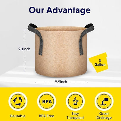 iPower 3 Gallon Grow Bags Nonwoven Fabric Pots Aeration Container with Strap Handles for Garden and Planting, 10-Pack Tan