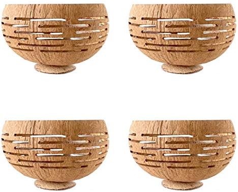 Rainforest Bowls Set of 4 Horizons Coconut Planters w/Drainage Hole- Perfect for Succulents, Flowers, Small Plants, Indoor & Outdoor Gardens- Handcarved by Artisans, Eco-Friendly & Sustainable