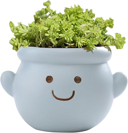 Cute Face Planter Pot, Small Resin Head Planters for Indoor Plants, Funny Smiling Face Flower Pot Succulent Planter with Drainage Hole, Gift IdeaI for Birthday Christmas (Blue)