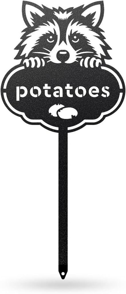 RealSteel Rocky The Raccoon Plant Markers – Cute Metal Garden Labels for Herbs & Vegetables | Outdoor Steel Plant Stakes for Garden, Greenhouse & Raised Beds | Gardening Gift | USA (POTATOES-B-6X13)