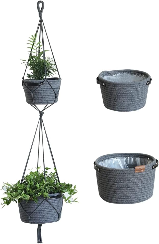 Tiered Macrame Hanging Planter One-Piece Cotton Woven Rope Flower Pots,Indoor Outdoor Home Decor Waterproof Lining Hydroponic Plant Baskets Pots-Dark Grey