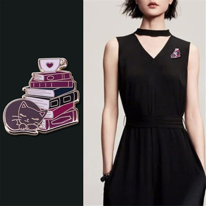 Cat Book Coffee Lovers Bookworm Literature Brooch Pins Enamel Cartoon Metal Badges Lapel Pin Brooches Jackets Jeans Fashion Jewelry Gift for Kids