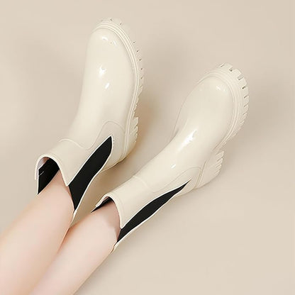 Women'S Waterproof Lug Sole Rain Boots Fashion Elastic Slip On Comfortable Platform Chunky Heel Chelsea Ankle Boots Casual Outdoor Non-Slip Rubber Garden Booties