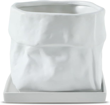 Nihow Ceramic Plant Pot: 8 Inch Planter with Drainage Hole & Square Saucer for Herbs/Plants, Bag Shape Design Flower Pot for Indoor & Outdoor Garden Decor - White