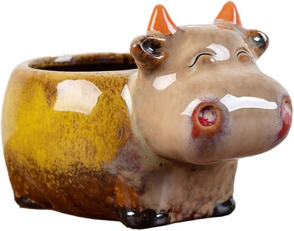 WAIT FLY Cute Animal Ceramic Flower Pot Succulent Planter-Cow