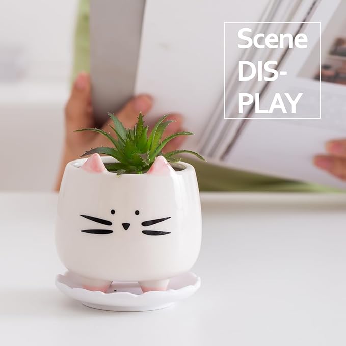 B SEPOR 6Pack 3.4inch Small Ceramic Animal Planter Pots for Baby Succulent with Drainage and Bamboo Tray Window Sill Gift for Girl(Sitting Cats)