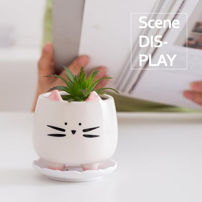 B SEPOR 6Pack 3.4inch Small Ceramic Animal Planter Pots for Baby Succulent with Drainage and Bamboo Tray Window Sill Gift for Girl(Sitting Cats)