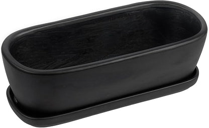 MyGift 14 Inch Oval Modern Matte Black Ceramic Succulent Planter Pot with Drainage Hole and Removable Saucer, Decorative Indoor House Plant Container for Flowers, Cactus, Herbs