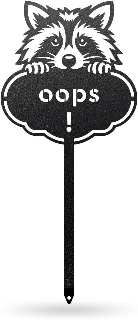 RealSteel Rocky The Raccoon Plant Markers – Cute Metal Garden Labels for Herbs & Vegetables | Outdoor Steel Plant Stakes for Garden, Greenhouse & Raised Beds | Gardening Gift | USA (OOPS-B-6X13)