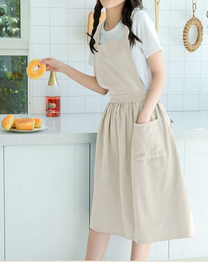Cute Retro Cotton Linen X-Back Aprons Home Kitchen Garden Art Painting Pinafore Florist Shop Overalls