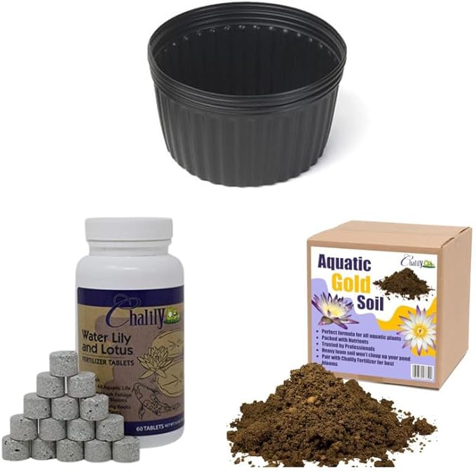 Chalily Aquatic Planting Bundle for Waterlilies, Bog Plants, Lotus Easy Water Lily Plant Kit Hardy Tropical Waterlily Kit Pond Water Garden Aquatic Soil Pond Plants (4qt Soil, 10” Pot, Fertilizer)