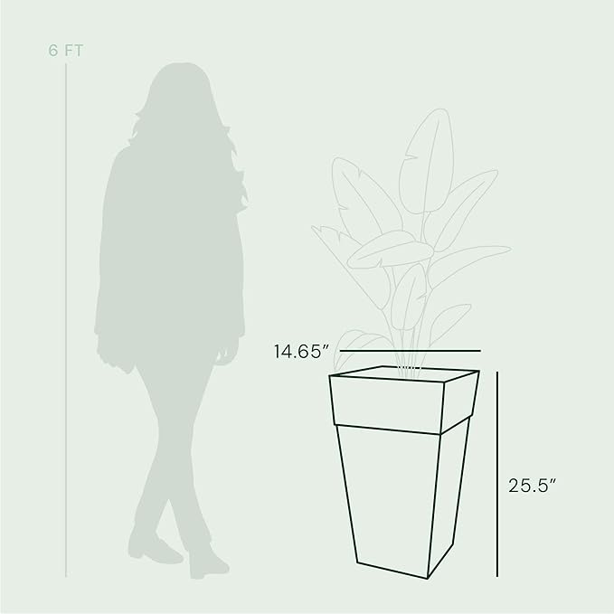 Bloem Finley 25" Tall Square Peppercorn Plastic Resin Planter with Drainage Holes for Indoor and Outdoor Gardening