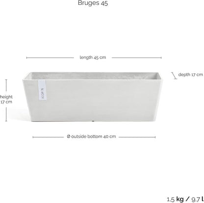 Ecopots Bruges Durable Modern Rectangular Indoor/Outdoor Recycled-Based Composite Flower Pot Planter, Pure White, 17.75"