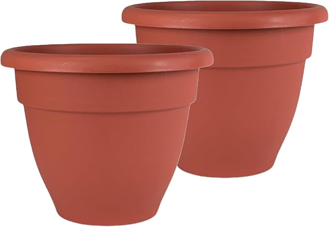 The HC Companies 10 Inch Caribbean Planter Pots with Drainage & Plug, Rolled Rim Plastic Planters for Indoor & Outdoor Plants, 2-Pack Decorative Flower Pots for Garden, Office & Home Decor, Clay
