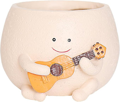 Planter Pot with Drainage Hole Cute Resin Head Planters for String of Pearls Plant Live Unique Guitar Succulent Pots for Indoor Outdoor Plants Gift IdeaI for Christmas (Small)
