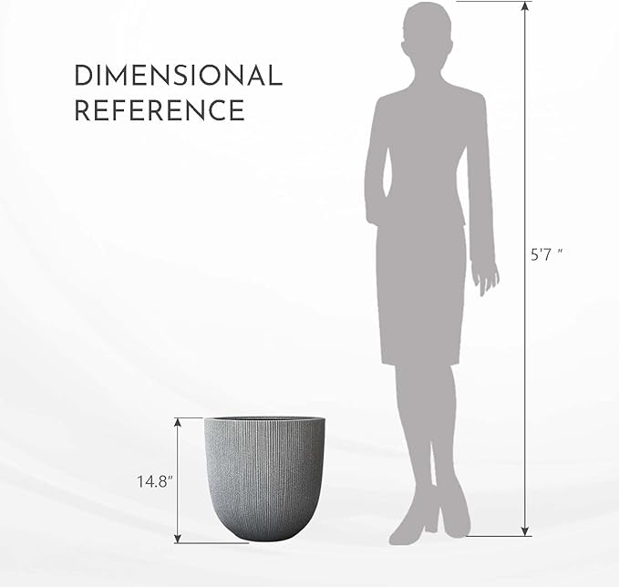 14.8" Tall Round Tapered Planter - Gray Faux Cement Finish, Lightweight Durable Plastic Plant Pot with Drainage Hole & Plug, Weather & UV Resistant Pot for Plants Indoor/Outdoor Use, 12.5" Opening