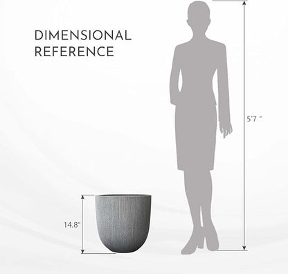 14.8" Tall Round Tapered Planter - Gray Faux Cement Finish, Lightweight Durable Plastic Plant Pot with Drainage Hole & Plug, Weather & UV Resistant Pot for Plants Indoor/Outdoor Use, 12.5" Opening