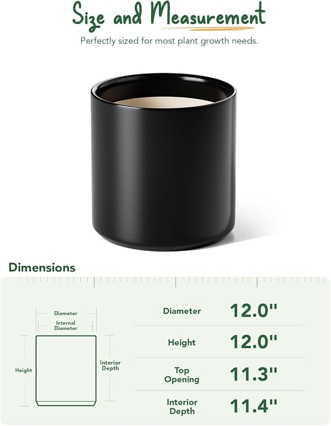LE TAUCI 12 Inch Pot for Plants, Ceramic Planters for Indoor Plants, Mid-Century Modern Cylinder Flower Pots with Drainage Hole, Fits Fiddle Leaf Fig & Monstera, Home Decor, Black