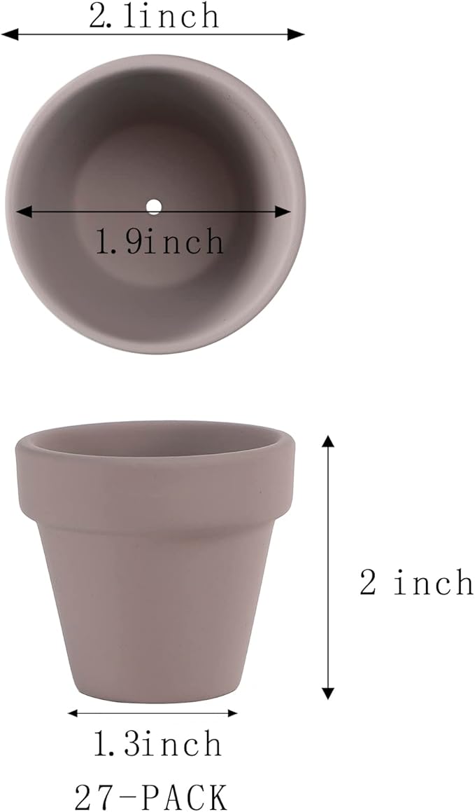 Fcacti 27 Pcs Small Mini Grey Clay Pots 2.1'' Terracotta Pot Clay Ceramic Pottery Planter Cactus Flower Pots Succulent Nursery Pots- Great for Window Boxes, Cactus, Plants, Crafts, Wedding Favors