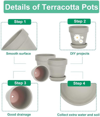 vensovo Grey Terracotta & Clay Pots with Saucer - 6 Pack 5 Inch Terra Cotta Pot Ceramic Pottery Planter Cactus Flowerpots Drainage Hole, Great for Plants, Crafts and Wedding Favor