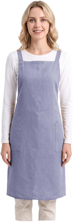 Pure Linen Cross Back Apron Dress, Adjustable Waist & 2 Pockets. Unisex Kitchen & Server Apron, 26.5"x33.5".