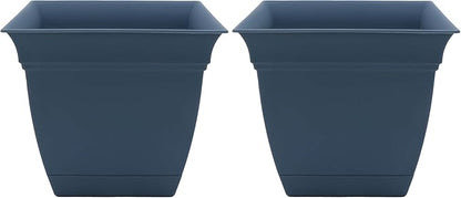 The HC Companies 8 Inch Eclipse Square Planter with Saucer - Indoor Outdoor Plant Pot for Flowers, Vegetables, and Herbs, Slate Blue (Pack of 2)