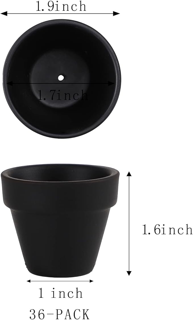 36 Mini Black Flower Pots, 2 inch Clay, Cactus & Succulent Nursery Pots with Drainage, Indoor/Outdoor