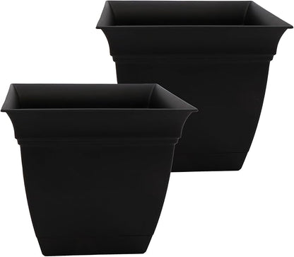 The HC Companies 12 Inch Eclipse Square Planter Pots with Drainage Holes & Attached Saucer, Lightweight UV-Resistant Plastic Indoor Outdoor Planters, 2-Pack Flower Pots for Garden & Home Decor, Black