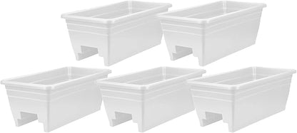 The HC Companies 24 Inch Wide Heavy Duty Plastic Deck Rail Mounted Garden Flower Planter Boxes with Removable Drainage Plugs, White (5 Pack)