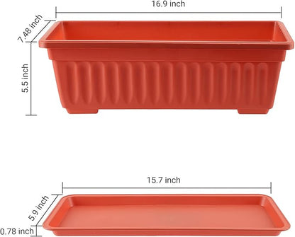 GREANER Long Planters for Outdoor Plants, 3 Pack 16.9x7.48 Inch Flower Windowsill Plastic Countryside Vegetable Box Pot with Tray for Plant Growing DIY in Garden, Balcony, Houses - Red