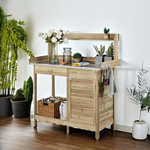 Topeakmart Garden Potting Bench Potting Table ACQ Lumber Wood Outdoor Work Station Work Bench Planting with Cabinet & Drawer & Top Shelf & Lower Shelf Light Green