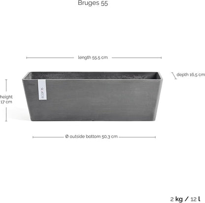 Ecopots Bruges Durable Modern Rectangular Indoor/Outdoor Recycled-Based Composite Flower Pot Planter, Grey, 21.5"