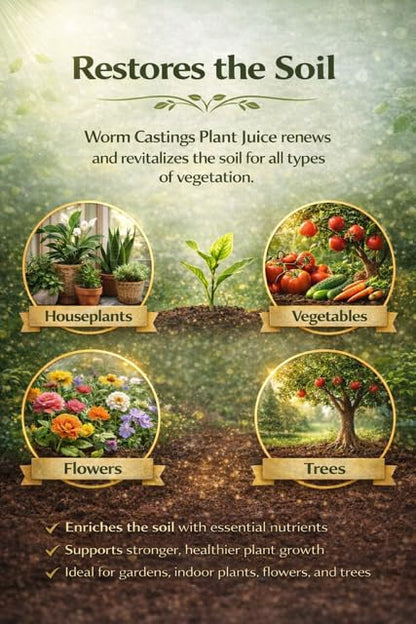 Worm Castings Tea Plant Juice - Quart. Concentrated Worm Tea with Kelp, Seaweed Extract and Humic Acid. Indoor and Outdoor Soil Restorer and Plant Fertilizer for All Vegetation with Soil.