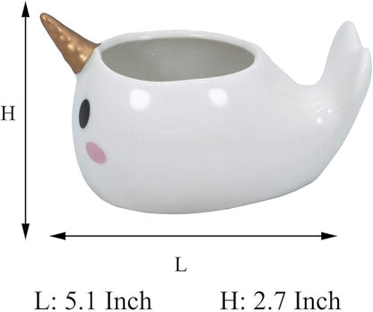 Cute Narwhal Succulent Planter Pot with Drainage Tray, Small White Ceramic Cactus Flower Container, Animal Whale Indoor Air Plants Holder