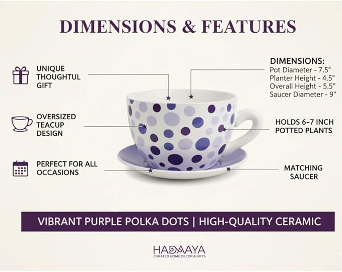 7.5” Round Ceramic Teacup Planter with Saucer – Purple Polka Dot Design Pot for Succulents, Orchid, Herbs & Indoor Houseplant/Flowers for Valentines Day Gift