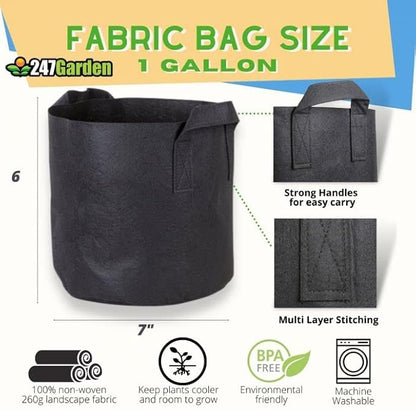 247Garden 5-Pack 1-Gallon Aeration Fabric Pot/Plant Grow Bag w/Handles (260 GSM, Black, 6H x 7D)