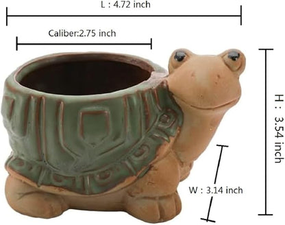 Decorative Ceramic Planter with Bamboo Base Indoor Plant Holder Animal Shaped Ceramic Succulent Pot with Drainage Mini Succulent Plants Cactus Planter (Tortoise)