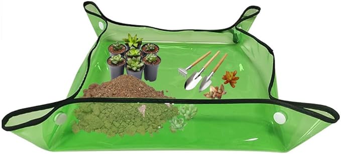 Large 39.4"*39.4" Repotting Mat for Indoor Plants Transplanting, Waterproof Heavy Duty Potting Tray for Mess Control, Succulent Potting, Gardening Mat, Patio Bonsai Tools, Clear Green