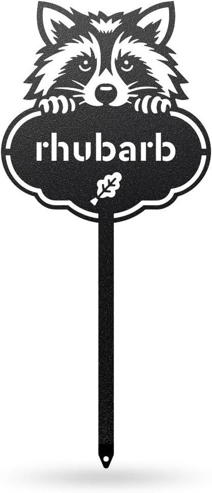 RealSteel Rocky The Raccoon Plant Markers – Cute Metal Garden Labels for Herbs & Vegetables | Outdoor Steel Plant Stakes for Garden, Greenhouse & Raised Beds | Gardening Gift | USA (RHUBARB-B-6X13)