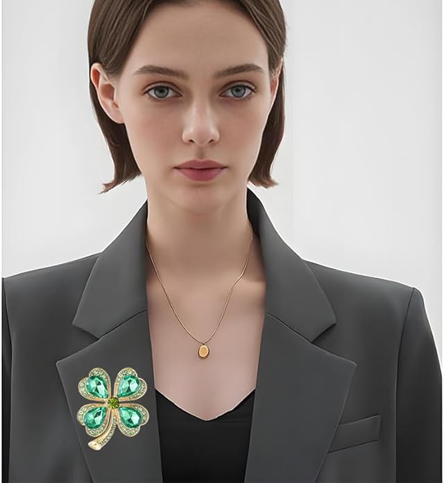 St.Patrick's Day Brooches for Women Dainty Crystal Four Leaf Lapel Pin Shamrock Hat Brooch Pins Irish Enamel Brooches Irish Holiday Costume Accessory Jewelry