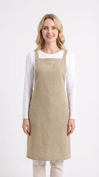 Pure Linen Cross Back Apron Dress, Adjustable Waist & 2 Pockets. Unisex Kitchen & Server Apron, 26.5"x33.5".