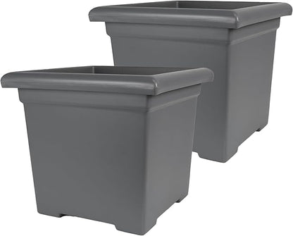 The HC Companies 15.5 Inch Accent Square Plant Pots with Drainage, Lightweight UV-Resistant Plastic Planters for Indoor & Outdoor Plants, 2-Pack Flower Pots for Garden, Office & Home Decor, Warm Gray