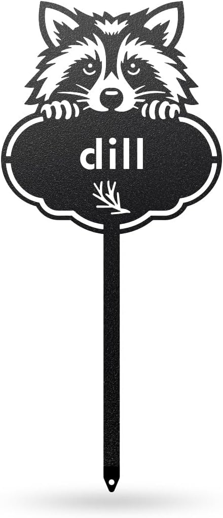 RealSteel Rocky The Raccoon Plant Markers – Cute Metal Garden Labels for Herbs & Vegetables | Outdoor Steel Plant Stakes for Garden, Greenhouse & Raised Beds | Gardening Gift | USA (DILL-B-6X13)