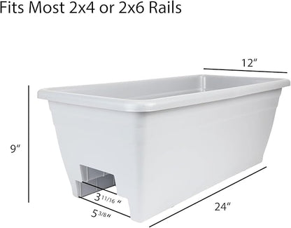 The HC Companies 24 Inch Deck Rail Box Planter Lightweight Outdoor Plastic Plant Pot for Herbs and Flowers, White